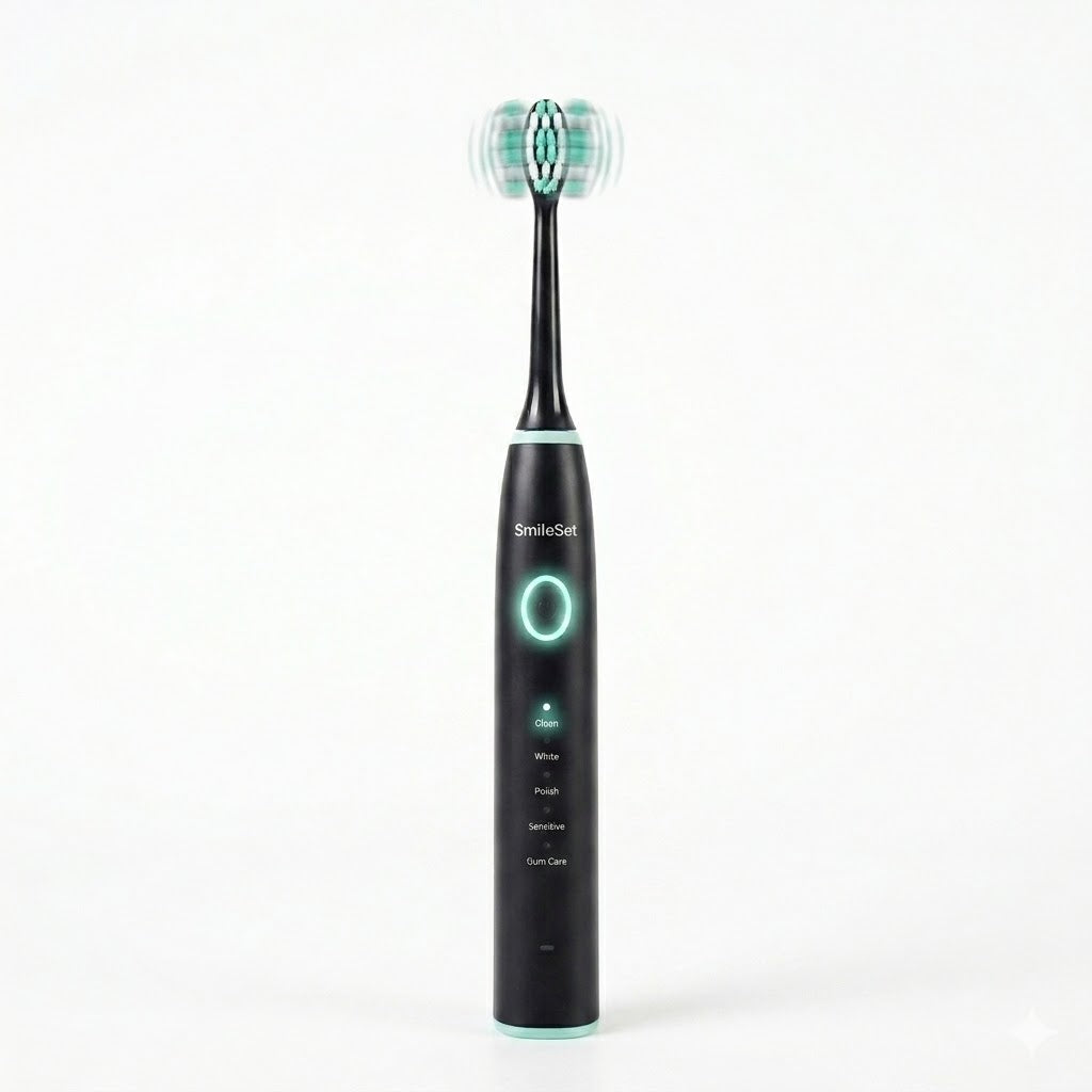 Black SmileSet sonic toothbrush with the power light on