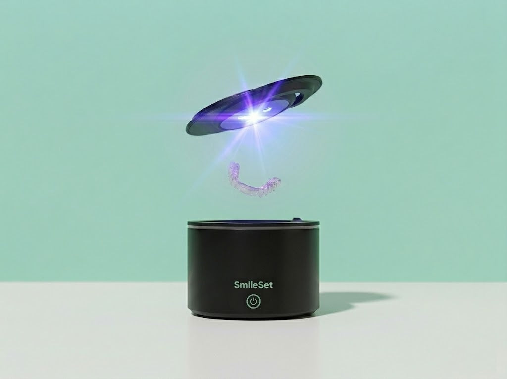 Black SmileSet rechargeable ultrasonic cleaner with the UV light lid lifted
