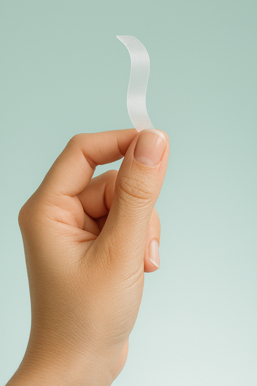 Hand holding a clear SmileSet whitening strip