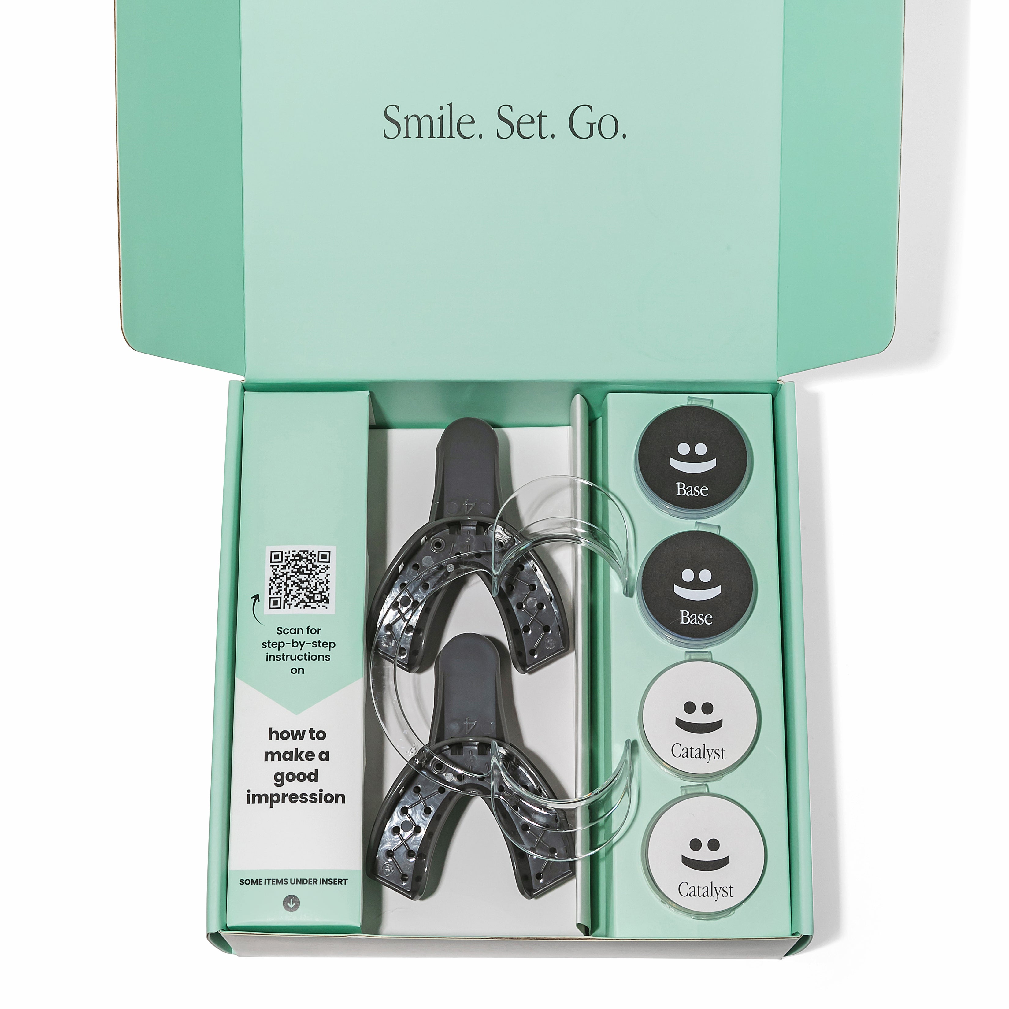 Packaged dental impression tray with components and instructions on a white background