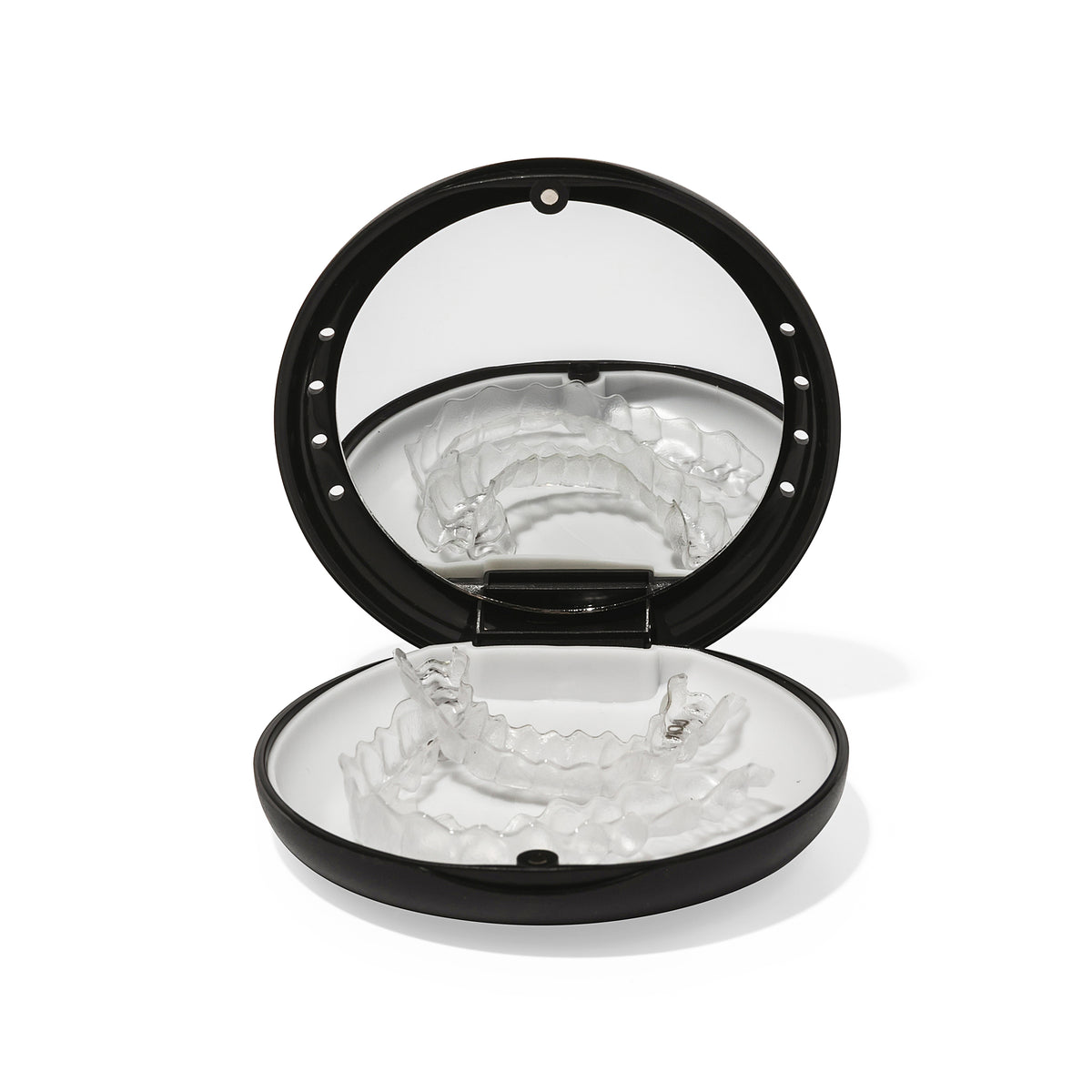 Open black SmileSet retainer case with built-in mirror and retainers inside
