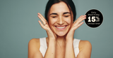 Woman smiling with hands on face against a gray background, promotional text overlay for Black Friday discount.