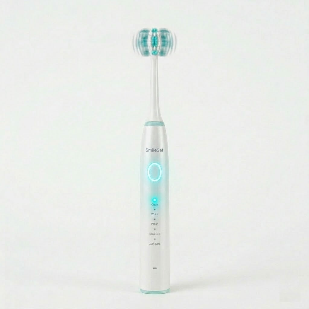 White SmileSet sonic toothbrush with the power light on
