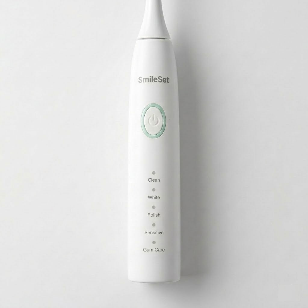Close-up of the white SmileSet sonic toothbrush cleaning mode settings