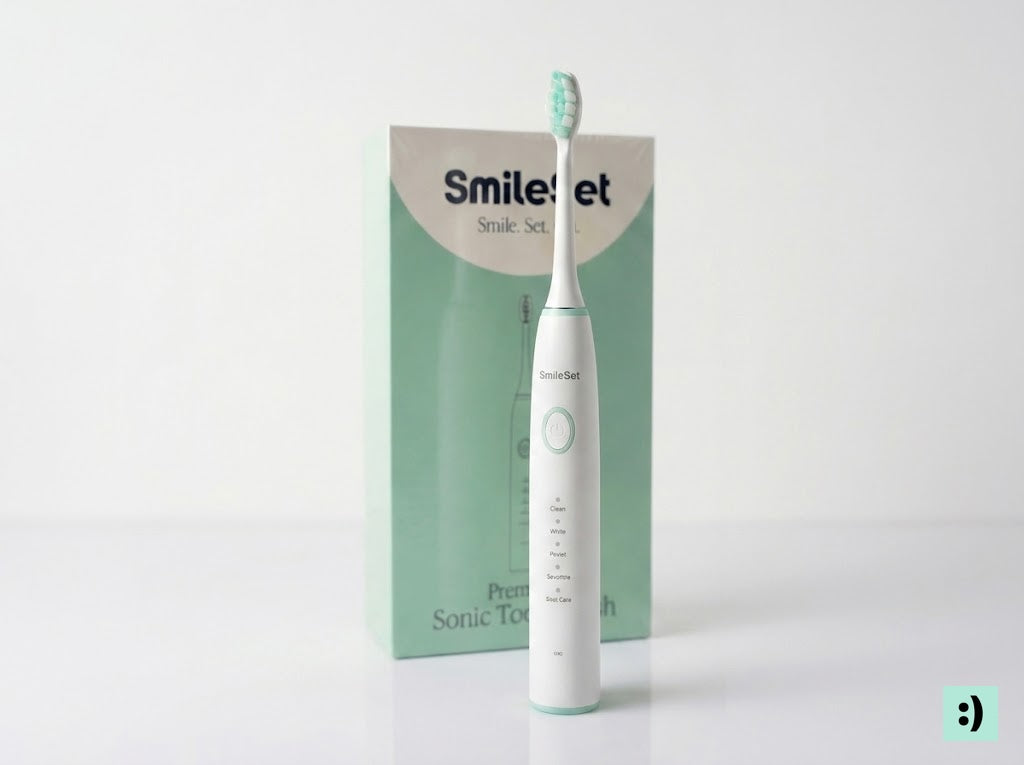 White SmileSet sonic toothbrush in front of its box