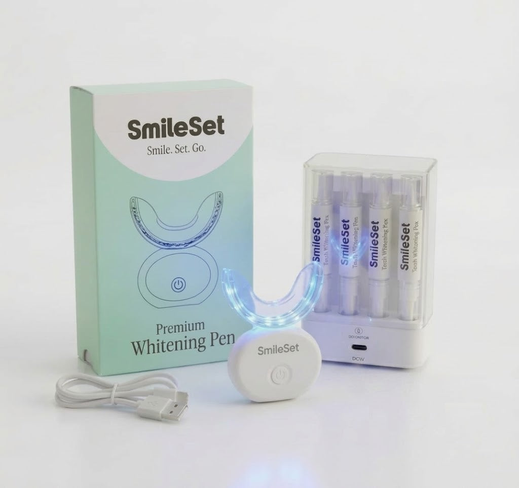 SmileSet premium whitening kit with box, LED mouth tray and whitening pens