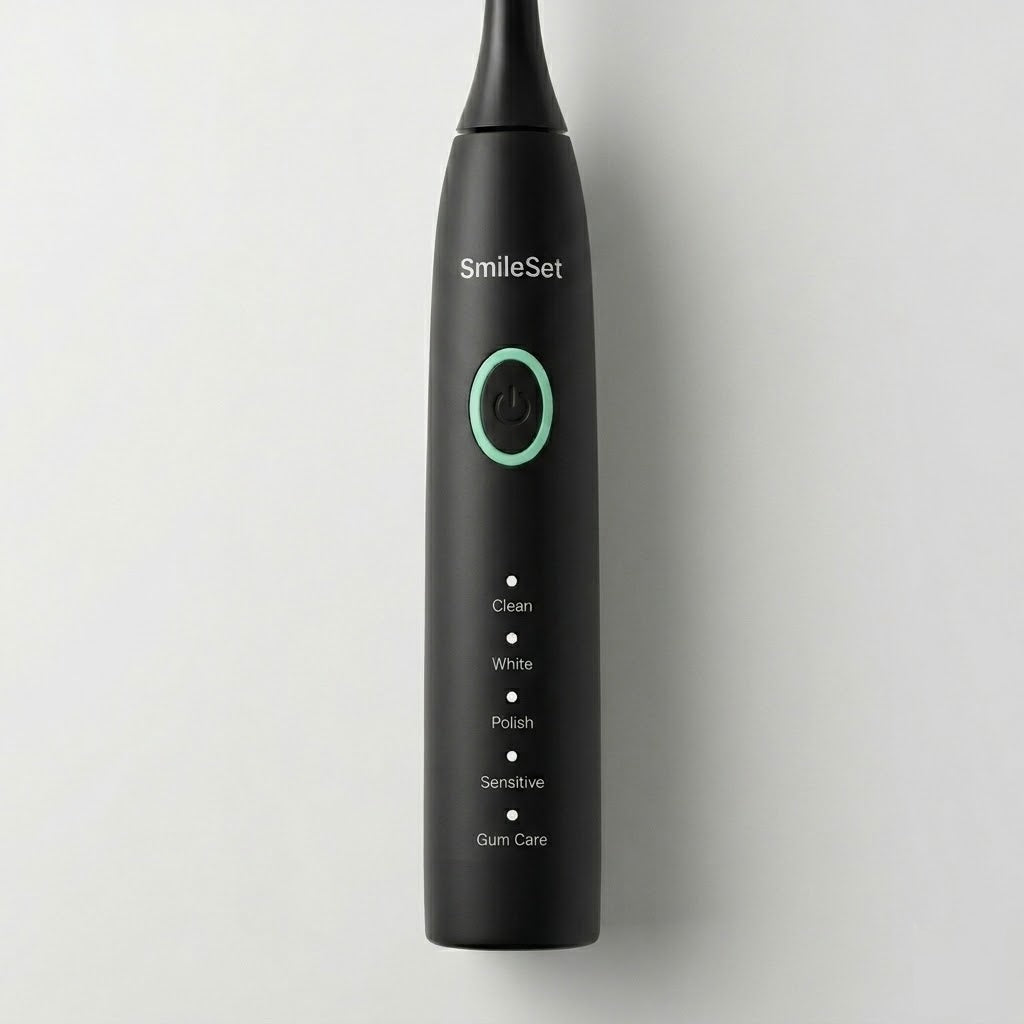 Close-up of the black SmileSet sonic toothbrush cleaning mode settings