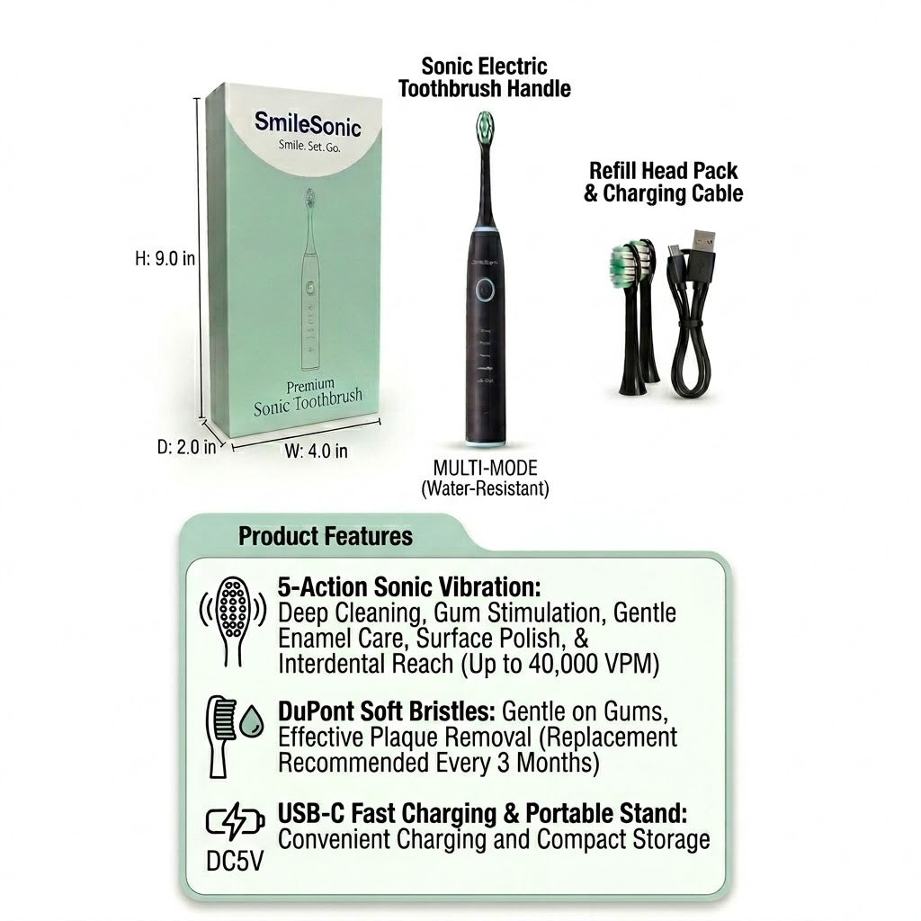 SmileSet sonic toothbrush kit contents and product features
