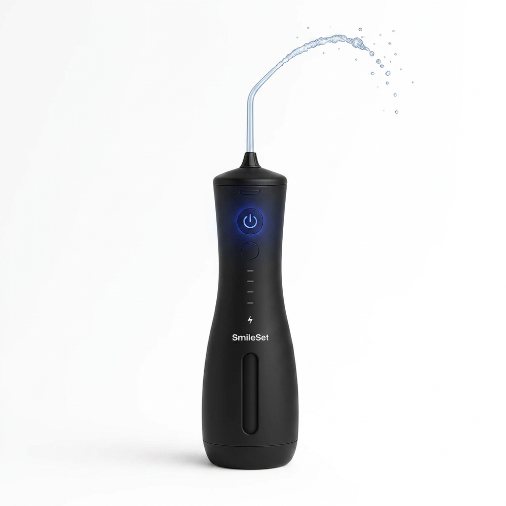 Black SmileSet handheld water flosser spraying water