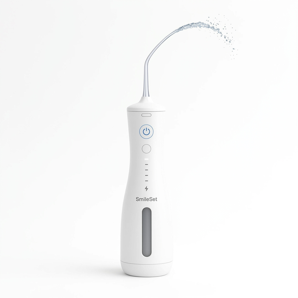 White SmileSet handheld water flosser spraying water