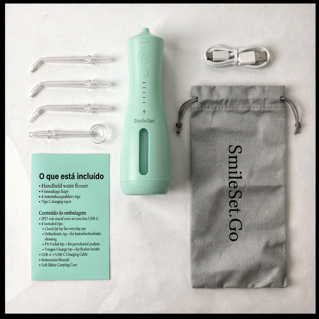 Mint SmileSet water flosser kit with four tips, charging cable and travel pouch