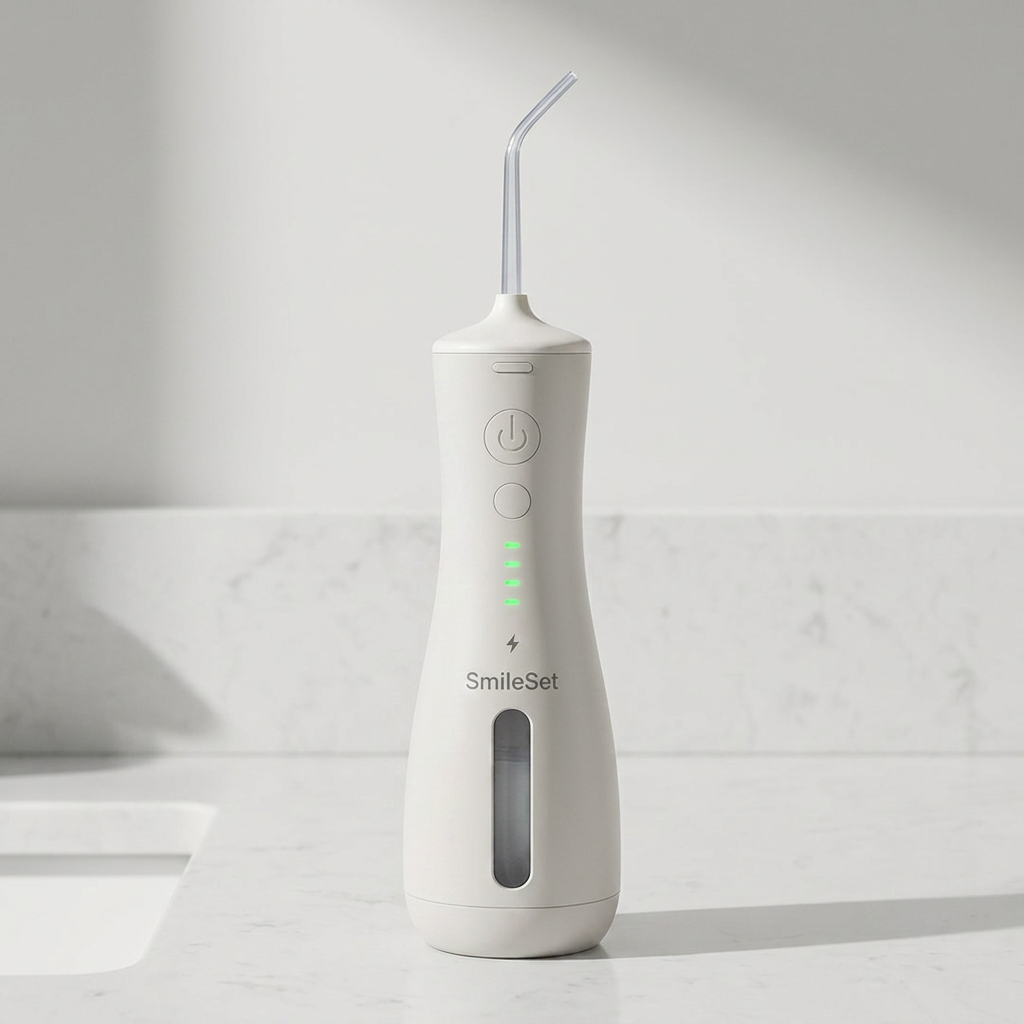 White SmileSet water flosser on a bathroom counter