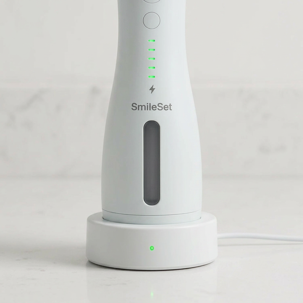 Mint SmileSet water flosser on its charging base