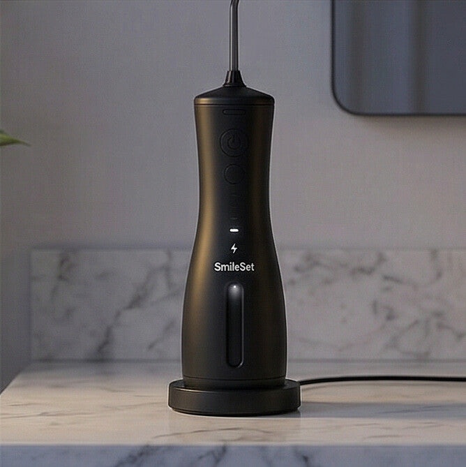 Black SmileSet water flosser on a bathroom counter