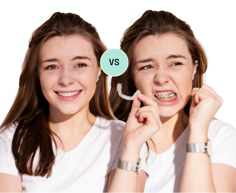 Two side-by-side portraits of the same woman: smiling freely, and grimacing in metal braces while holding a clear aligner