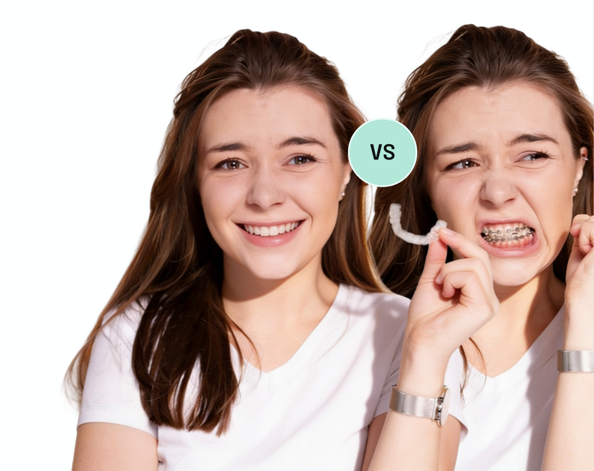 Two side-by-side portraits of the same woman: smiling freely, and grimacing in metal braces while holding a clear aligner