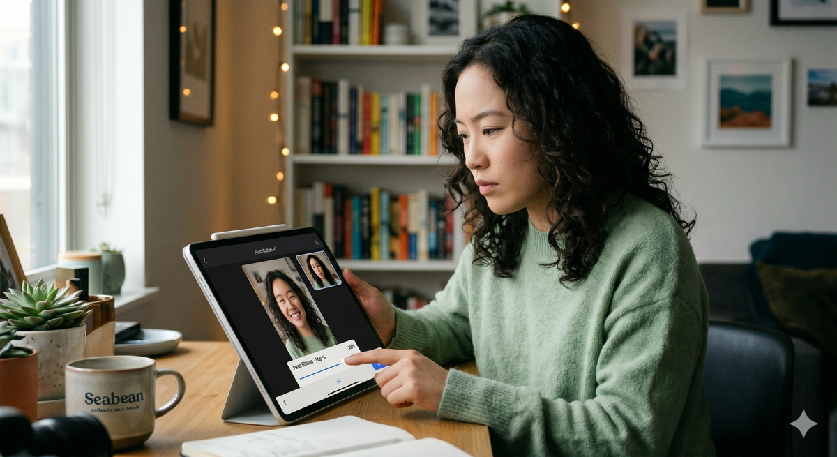 A woman retouching a portrait on a tablet