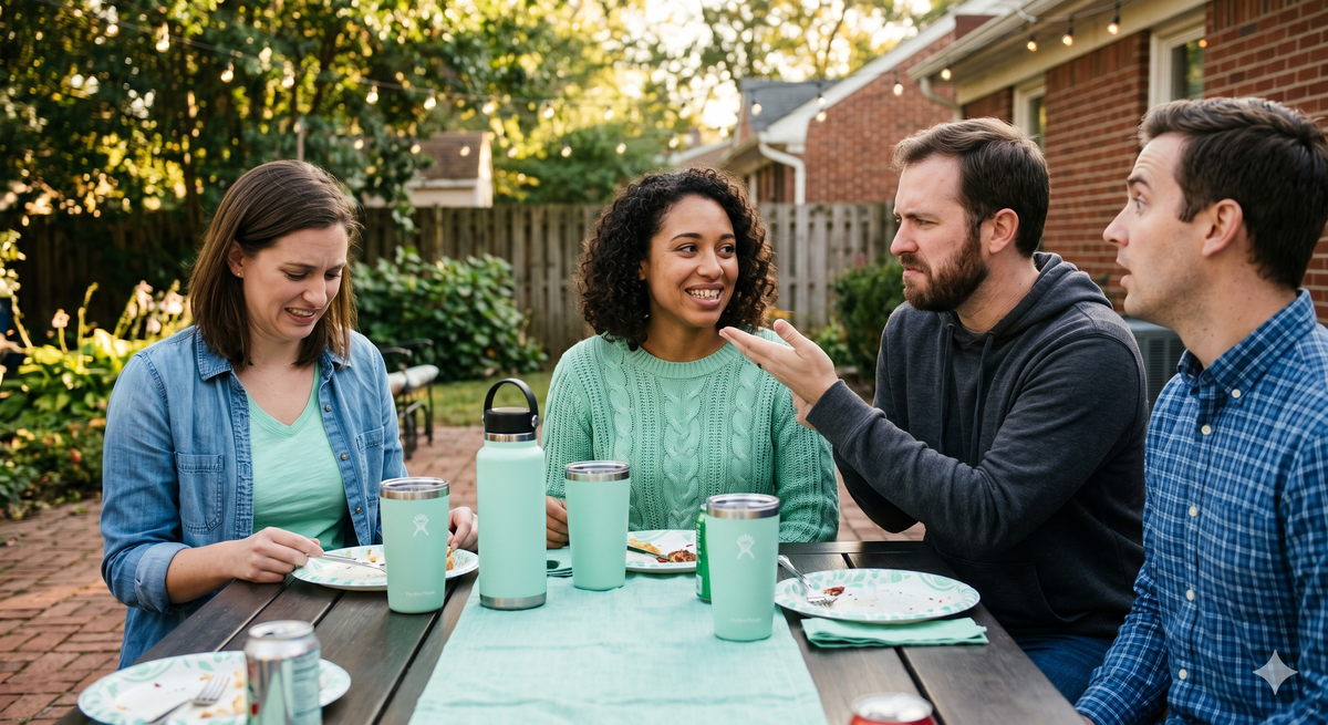 A man talking to a smiling woman at an outdoor table