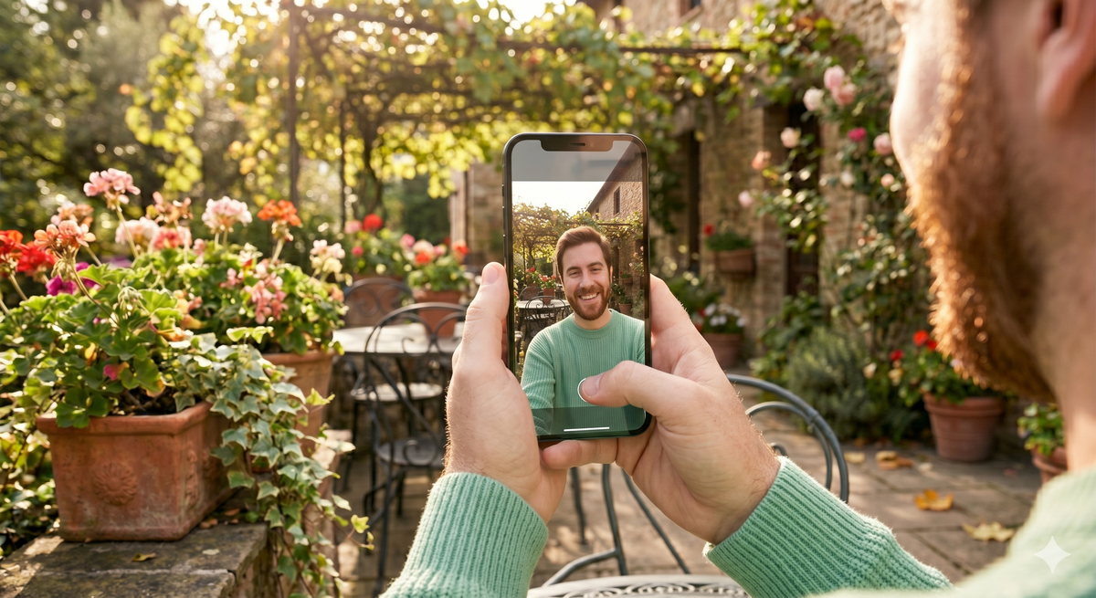 Hands holding a phone, taking a photo of a smiling man