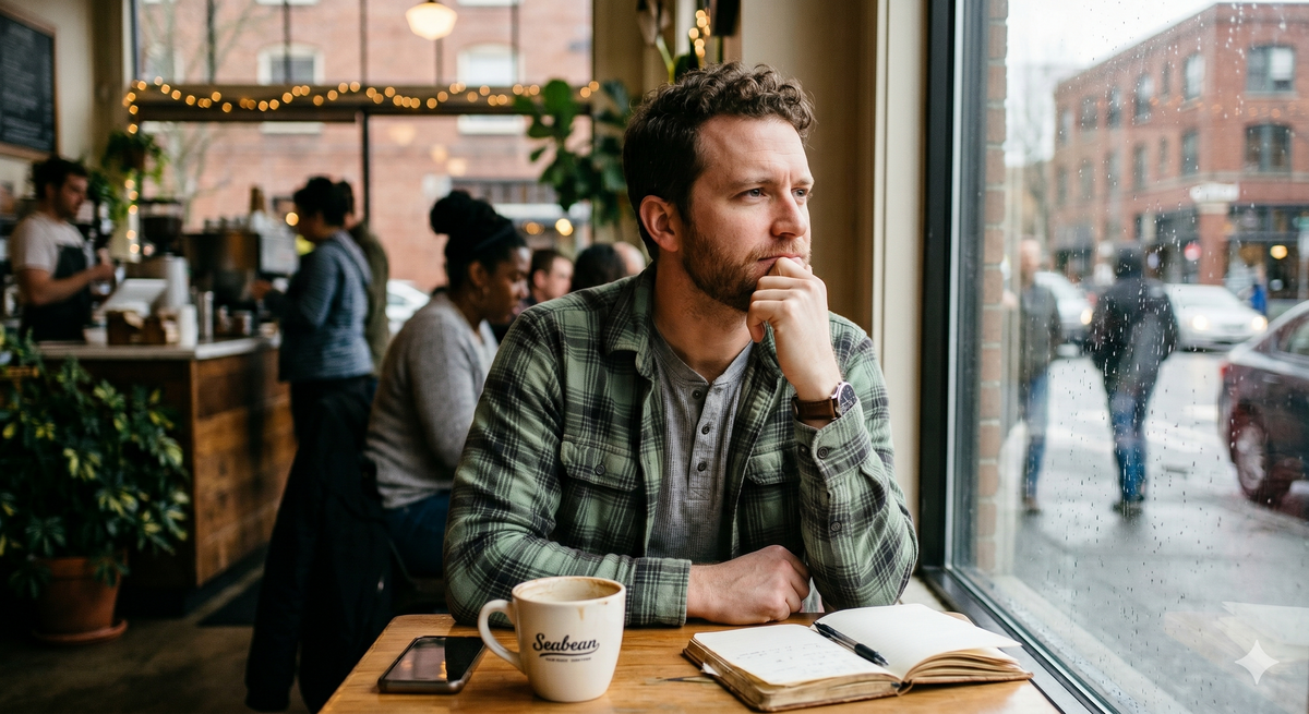 A man looking out of a cafe window, lost in thought