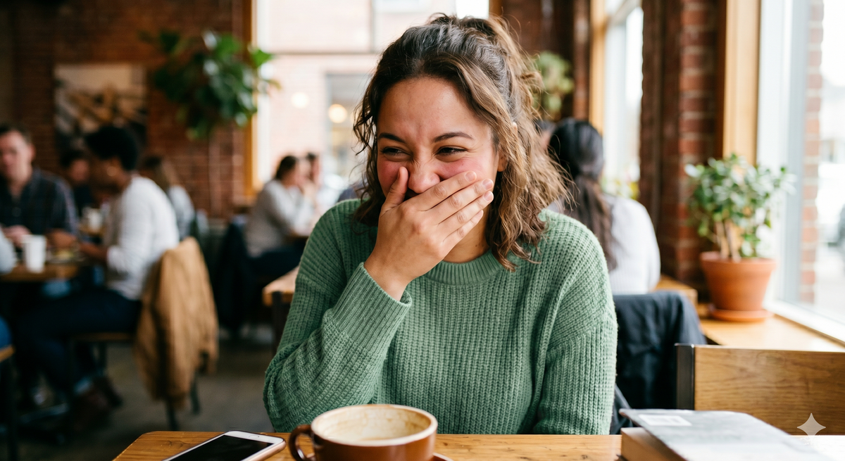 A woman laughing behind her hand in a cafe