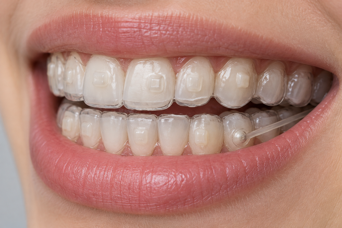 Clear aligners worn over tooth-colored attachments, with a button and rubber band glued on