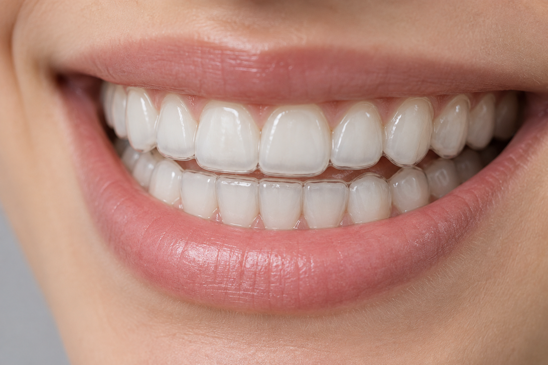 Smile wearing smooth clear aligners with nothing attached to the teeth