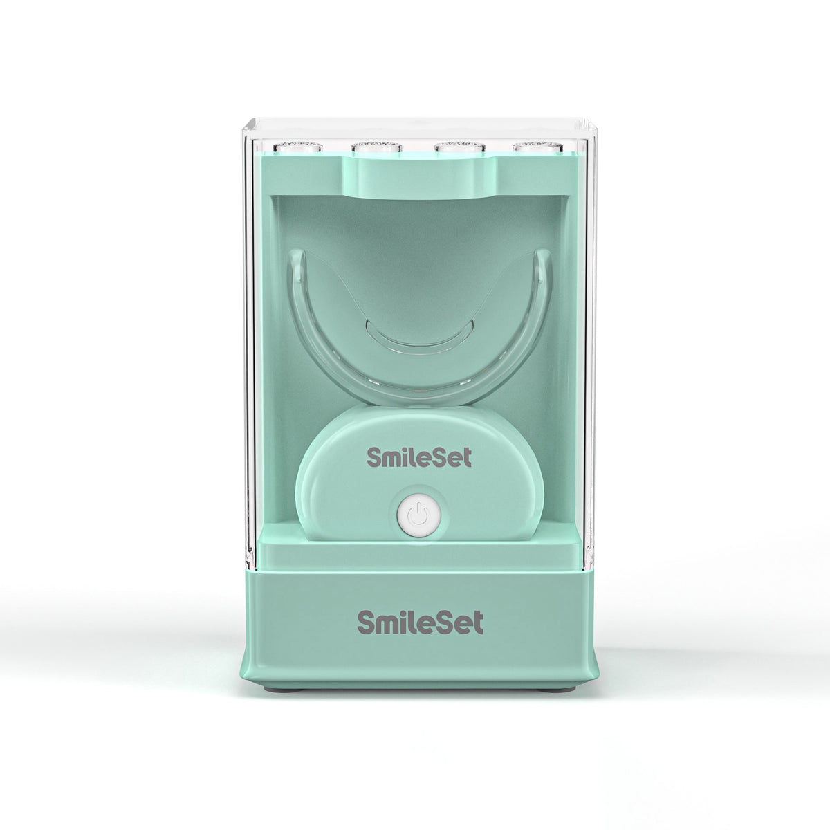 Mint SmileSet LED whitening tray in its charging stand