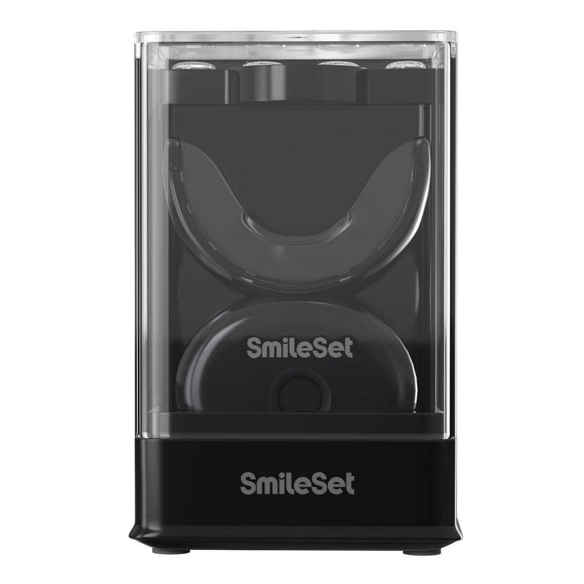 Black SmileSet LED whitening tray in its charging stand