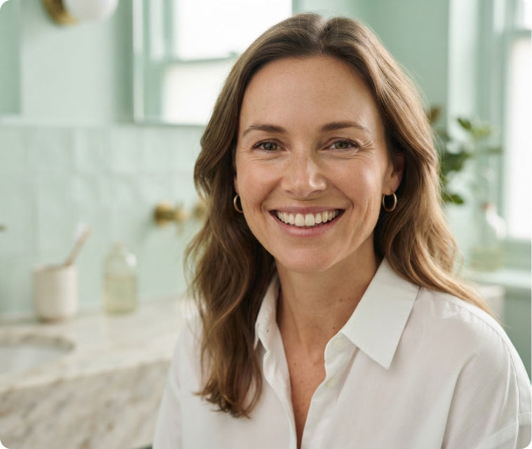 Smiling woman in a bright bathroom