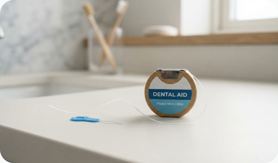 A spool of traditional dental floss on a counter