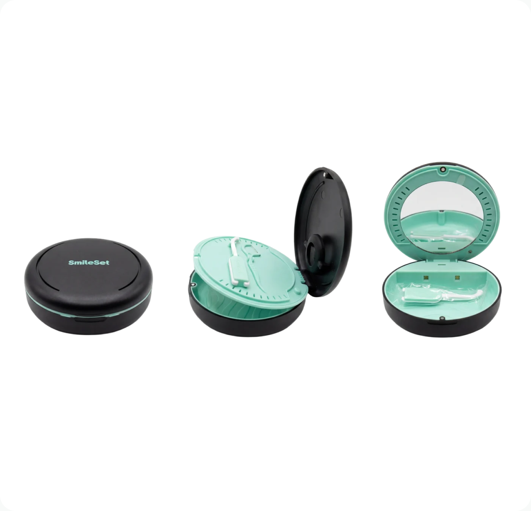 UV Sanitizing Travel Case shown closed, open with the tray lifted, and open with the lid mirror
