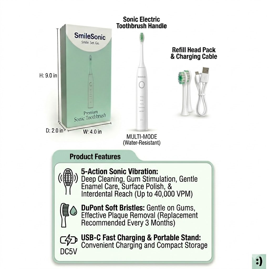 White SmileSet sonic toothbrush kit contents and product features